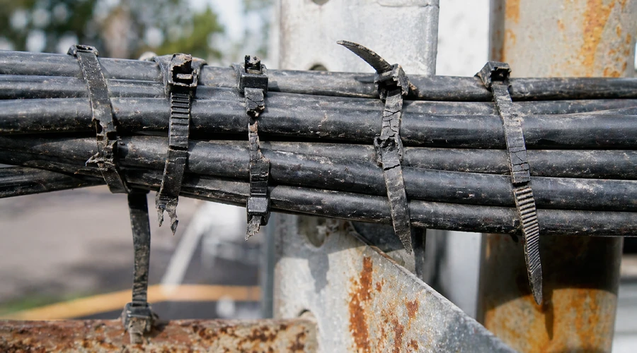 Rusted plastic zip ties falling apart on an outdoor pipe installation