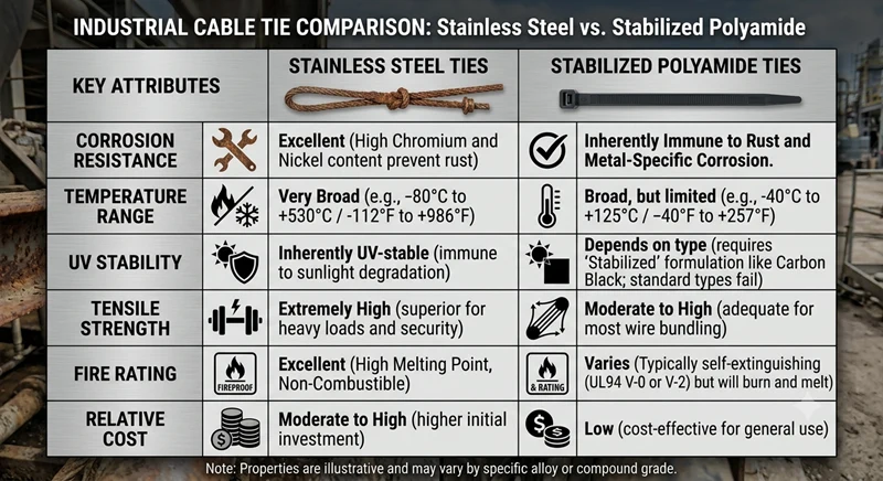 comparison table listing key attributes – corrosion resistance, temperature range, UV stability, tensile strength, fire rating, and relative cost – for stainless steel and stabilized polyamide ties